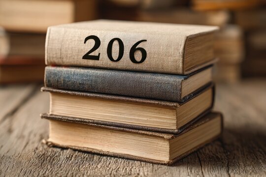 Stack of antique books with number 206