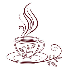 Steaming coffee cup with decorative leaves hot drink