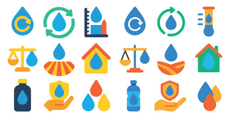 Collection of water icons, including a bottle, a house, a scale, and a thermometer