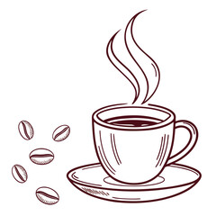 Coffee cup with steam and beans drink