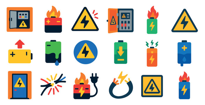 Collection of icons for electrical hazards and safety. The icons include a fire, a power outlet, a battery, a fire hydrant, and a door. Scene is cautionary and informative