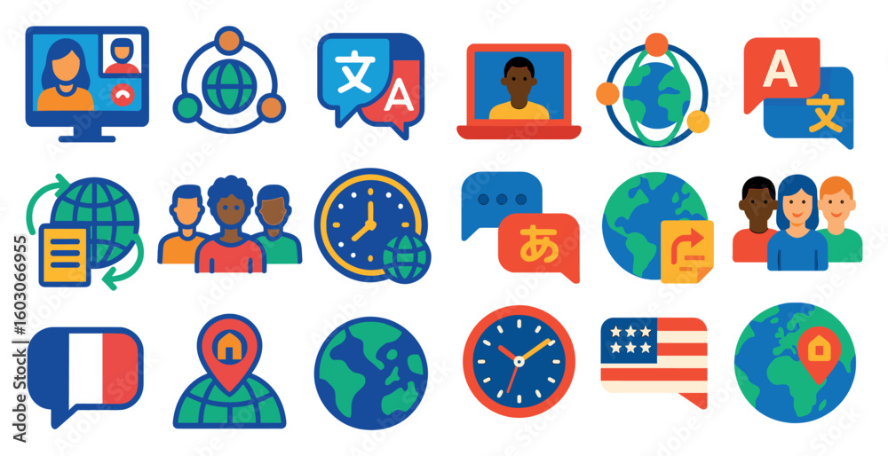 Poster collection of icons that represent different aspects of communication and language. the icons includ