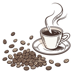 Obraz premium Steaming coffee cup with scattered beans saucer