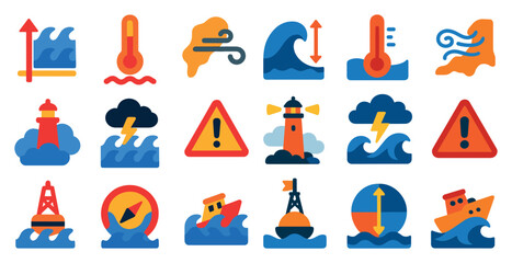 Collection of ocean-related icons, including a lighthouse, a boat, and a compass. The icons are all in different colors and sizes, and they convey a sense of adventure and exploration