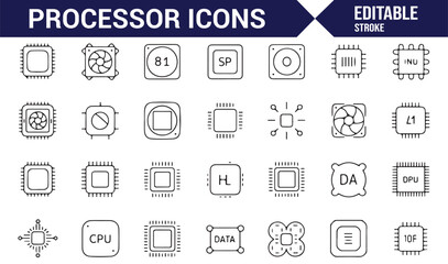 Icon Pack of Processors and Microchips for Technology, Computers, and Electronics