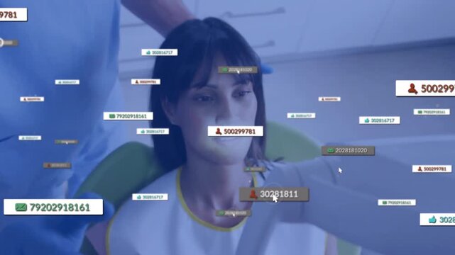 Dentist adjusting headrest and scanner arm scanning teeth as data labels multiplying around head
