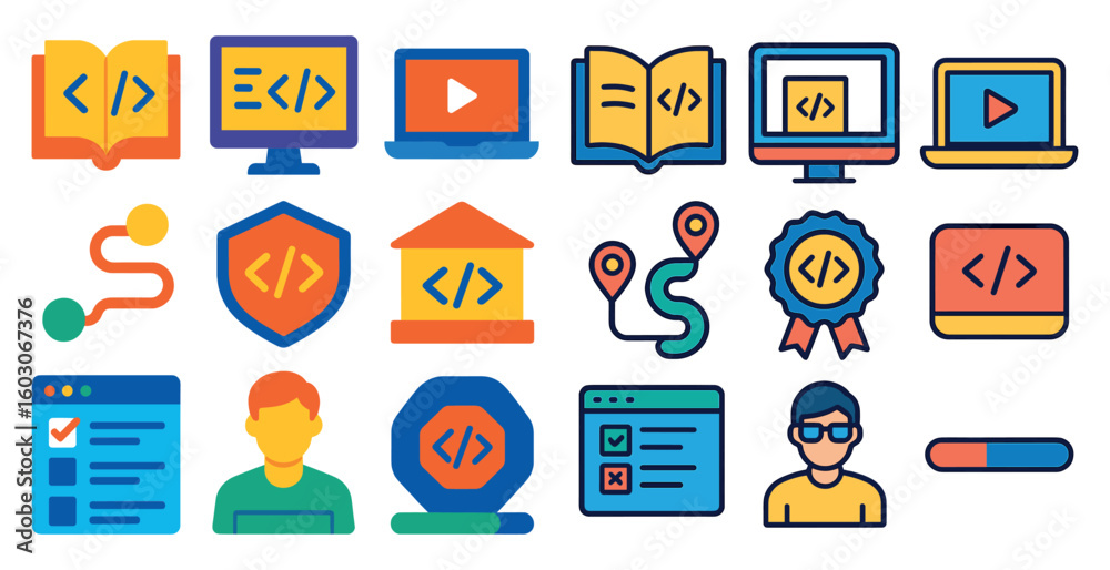 Poster collection of icons for various computer-related tasks, including a book, a computer monitor, a keyb
