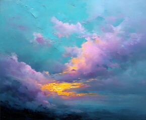 Fototapeta premium the image shows an abstract rendition of a sky scene with colorful clouds. the upper portion of the scene is a calming aqua blue
