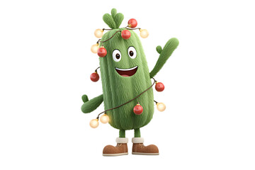Fototapeta premium Christmas cactus character with ornaments and party lights, 3d animation, isolated on a white background, in a simple style, with a transparent PNG