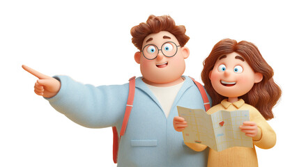 Smiling 3D Cartoon Tourists Exploring with a Map