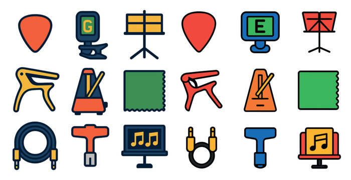 Collection of musical instruments and accessories. The instruments include a guitar, a keyboard, and a drum. The accessories include a tuner, a metronome, and a music stand