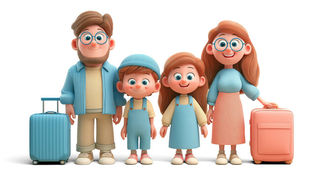 Happy 3D Cartoon Family with Suitcases Ready to Travel - Powered by Adobe