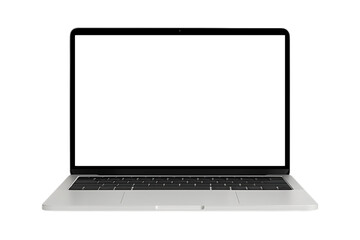 Modern silver laptop computer open with blank screen isolated on transparent background