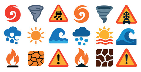 Collection of weather icons including a sun, a cloud, a raindrop, a snowflake, a lightning bolt, a car, a car accident, a car on a road, a car on a hill, a car on a cliff, a