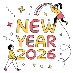 Cheerful new year celebration with people and festive elements