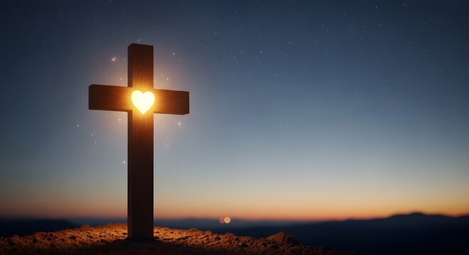 Illuminated cross with heart at center against a twilight sky with distant mountains and stars