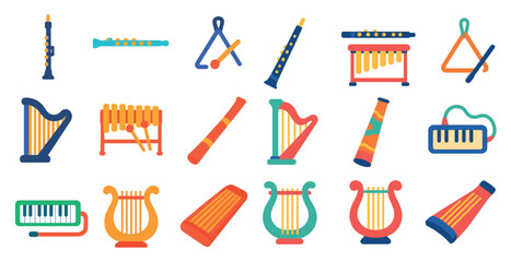 Collection of musical instruments, including a harp, a tambourine, and a keyboard