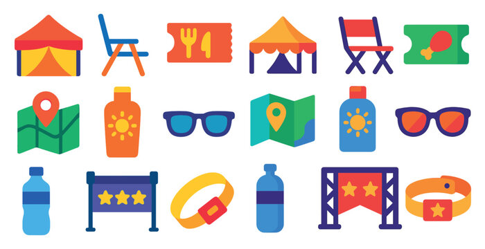 Collection of various items related to outdoor events and activities. The items include chairs, tents, food, drinks, and accessories such as sunglasses and a wristband. Scene is that of a fun