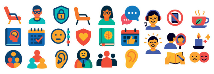 Fototapeta premium Collection of icons for various emotions and activities. The icons include a person with a book, a person with a cup, a person with a phone, a person with a laptop, a person with a chair