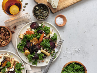 Top view healthy vegetarian dinner with root vegetables salad