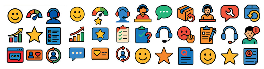 Collection of icons with a smiling face on the left and a frowning face on the right. The icons include a star, a heart, a check mark, a clipboard, a cup, a person with headphones