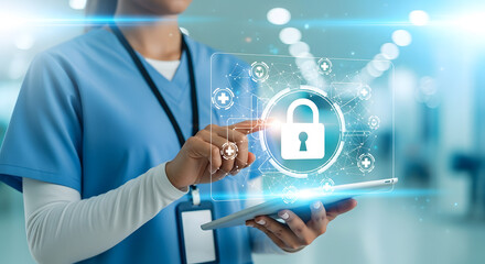Healthcare Professional Using Digital Tablet with Data Security Icons in Modern Hospital Setting