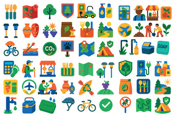 Collection of icons for various things like food, travel, and outdoor activities. The icons are colorful and include a variety of items such as a bicycle, a kayak, a tent, and a bottle of soap