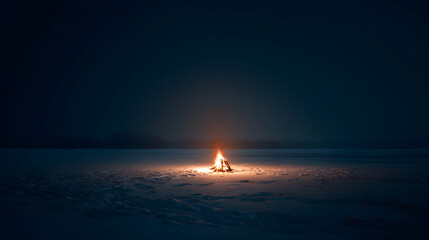 Solitary Warmth: The Flickering Light of a Campfire in a Snow-Covered Expanse