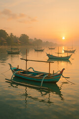 Golden hour tranquility.  Fishing boats gently bob in the calm waters as the sun ascends, painting the sky in hues of amber and rose.🌅 #CoastalVibes