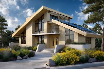 Fototapeta premium Modern sustainable house with solar panels and yellow flowers in a garden