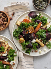 Top view healthy vegetarian dinner with root vegetables salad