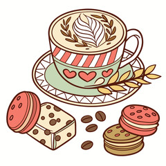 Coffee cup with latte art and sweet treats saucer cookies