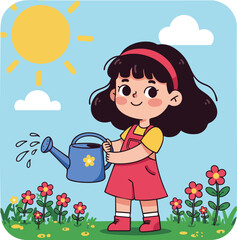 Girl watering flowers in sunny garden with blue sky and clouds vector illustration 