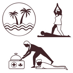 Tropical beach yoga and massage icons palm trees