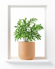 A lush green plant with multiple stems and vibrant leaves sits in a smooth, tan-colored pot on a white windowsill with soft natural light.