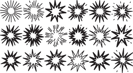 Collection of hand drawn starbursts and explosions in black and white