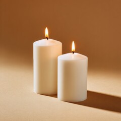 Two white pillar candles with lit flames casting soft shadows on a beige surface and background.