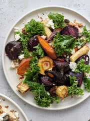 Top view healthy vegetarian dinner with root vegetables salad