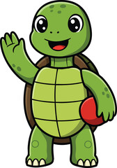 Obraz premium Cute cartoon turtle waving with red ball in hand friendly animal character illustration vector 