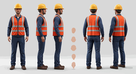 Five views of a construction worker wearing a hard hat and safety vest, showcasing front, side, and back perspectives, with face shape examples.