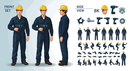 Illustration of a construction worker in various poses and angles, wearing a yellow hard hat and holding a drill, shown in front and side views.