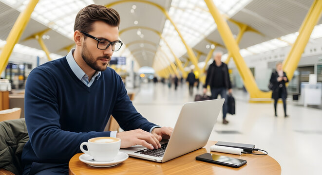 Businessman working on laptop in airport lounge, enjoying coffee and staying connected