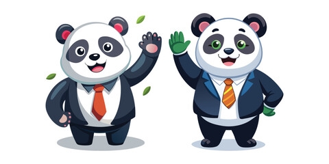 Corporate Business Panda Giving High-Five to Success Vector – Motivational Animal Character Art for Teamwork, Leadership, Achievement, Office Culture, Branding, and Marketing Materials