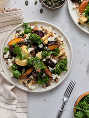 Top view healthy vegetarian dinner with root vegetables salad