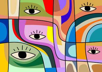 Abstract modern cubism illustration featuring multiple expressive eyes in a colorful geometric composition.