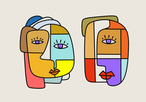 Abstract cubist illustration of two colorful human faces composed of geometric shapes and bold outlines.