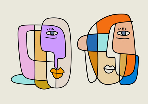 Abstract cubist illustration of two colorful human faces composed of geometric shapes and bold outlines.