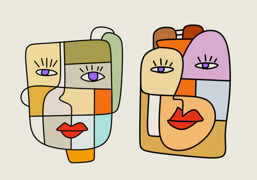 Abstract cubist illustration of two colorful human faces composed of geometric shapes and bold outlines.