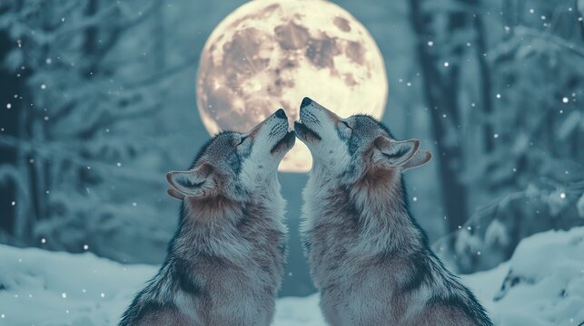 Pack of wolves howling under a full moon in a snowy forest, mysterious, wild, chilling atmosphere