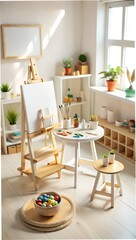 An art studio is set up with an easel tables and supplies bathed in natural light
